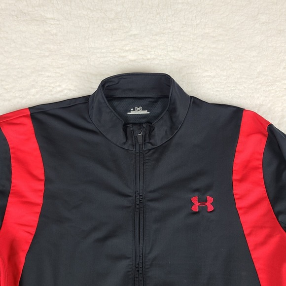 Under Armour Jacket Sweater Mens Large Black‎ Red Full Zip Pocket Tech Golf - Picture 3 of 11